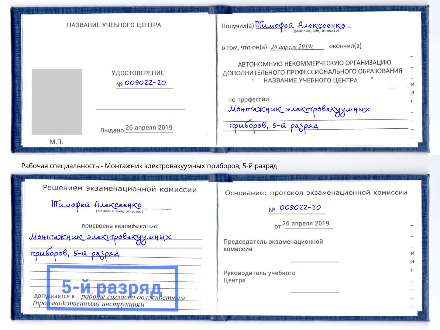 корочка 5-й разряд Монтажник электровакуумных приборов Белая Калитва