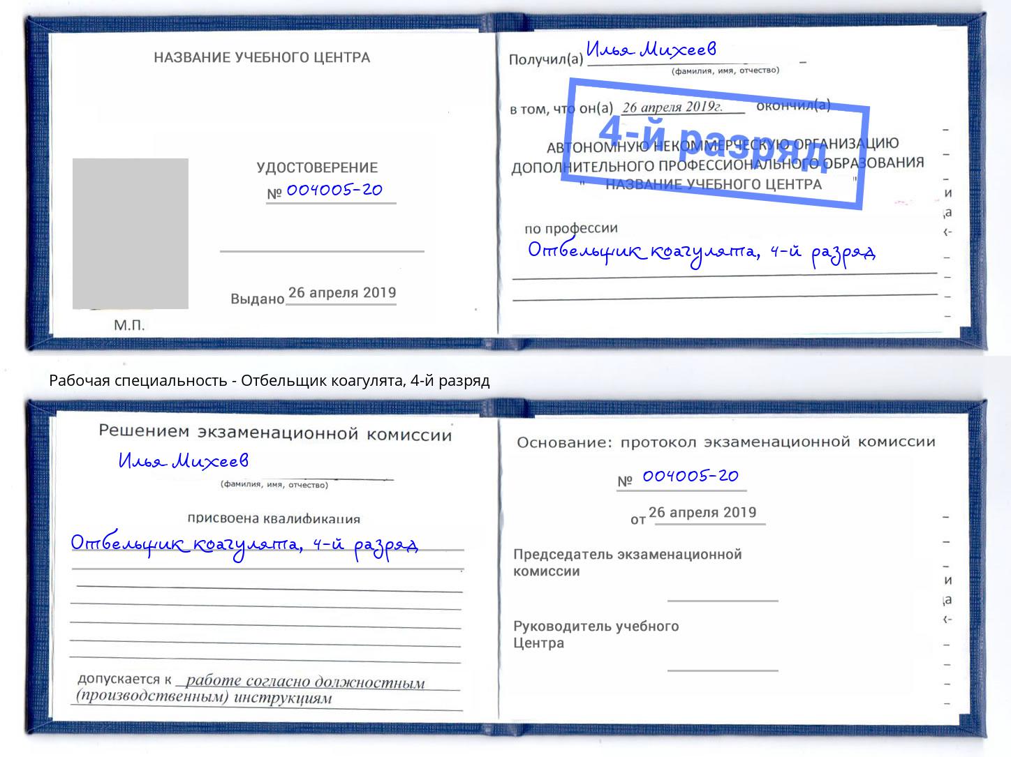 корочка 4-й разряд Отбельщик коагулята Белая Калитва