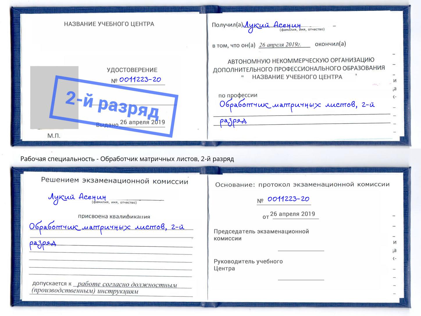 корочка 2-й разряд Обработчик матричных листов Белая Калитва